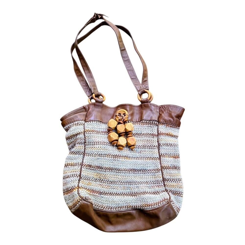 Vintage Brizzolari Italy Leather Bucket Bag Woven Boho Shoulder Tote Wood Beads